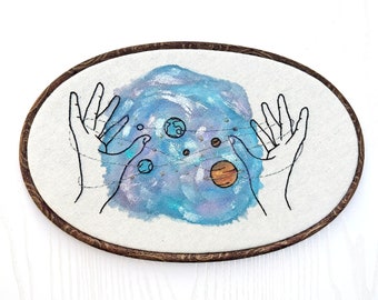 Galaxy Cats cradle Finished water color hand embroidery wall art Large size