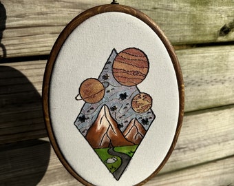 Mountains and space- Finished water color hand embroidery wall art 10x7in