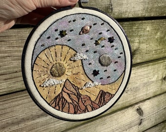 The balance of day and night-  6 inch hand embroidered wall art, colored with metallic water color and beading