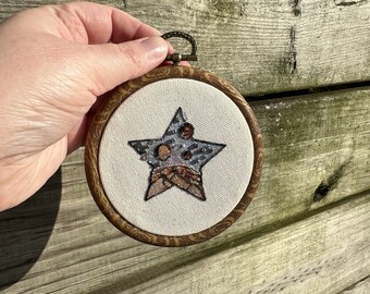 View through the stars, 4 in Hand embroidered wall art, colored with metallic water color and beads