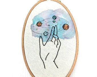 Hand Conjuring A Galaxy Finished water color hand embroidery wall art medium size