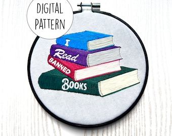 I read banned books | Hand embroidery pattern | Modern | Negative space | Digital Download | PDF | Pattern only