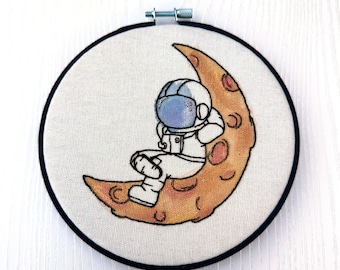 Little Astronaut Napping on the Moon Finished water color hand embroidery wall art medium size