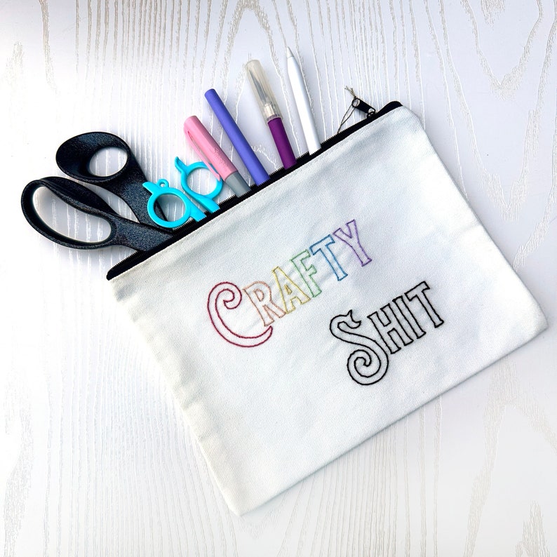 Crafty Shit Zipper Pouch white bag with pastel Rainbow image 1