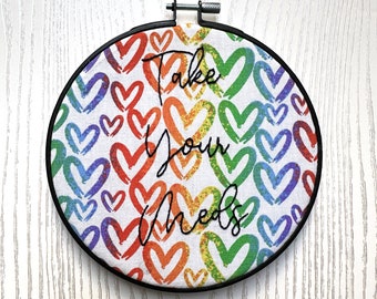 Take your meds - Wall art hand embroidered- 6in- Rainbow hearts