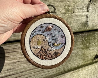 The balance of day and night-  4 inch hand embroidered wall art, colored with metallic water color and beading