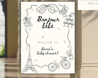 Letrero de bienvenida para baby shower "Bonjour Bebe" / Letrero para baby shower parisino francés / Baby shower de género neutro / Bébé estilo francés parisino coqueto