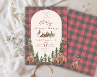 Oh Boy! Lumberjack Country Invite | Outdoorsy Baby Shower Invitation | Boy Wilderness Baby Shower E-vite | Buffalo Plaid Fall Winter Theme