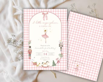 May include: Pink and white gingham birthday invitation with a watercolor ballerina, bow, and Nutcracker illustrations. The text reads "A little sugarplum is turning one" and includes party details.