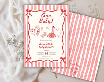 Włoskie zaproszenie na baby shower Ciao Baby | Zaproszenie na baby shower w stylu włoskim, neutralne pod względem płci | Ręcznie rysowana pizza, makaron i włoskie jedzenie