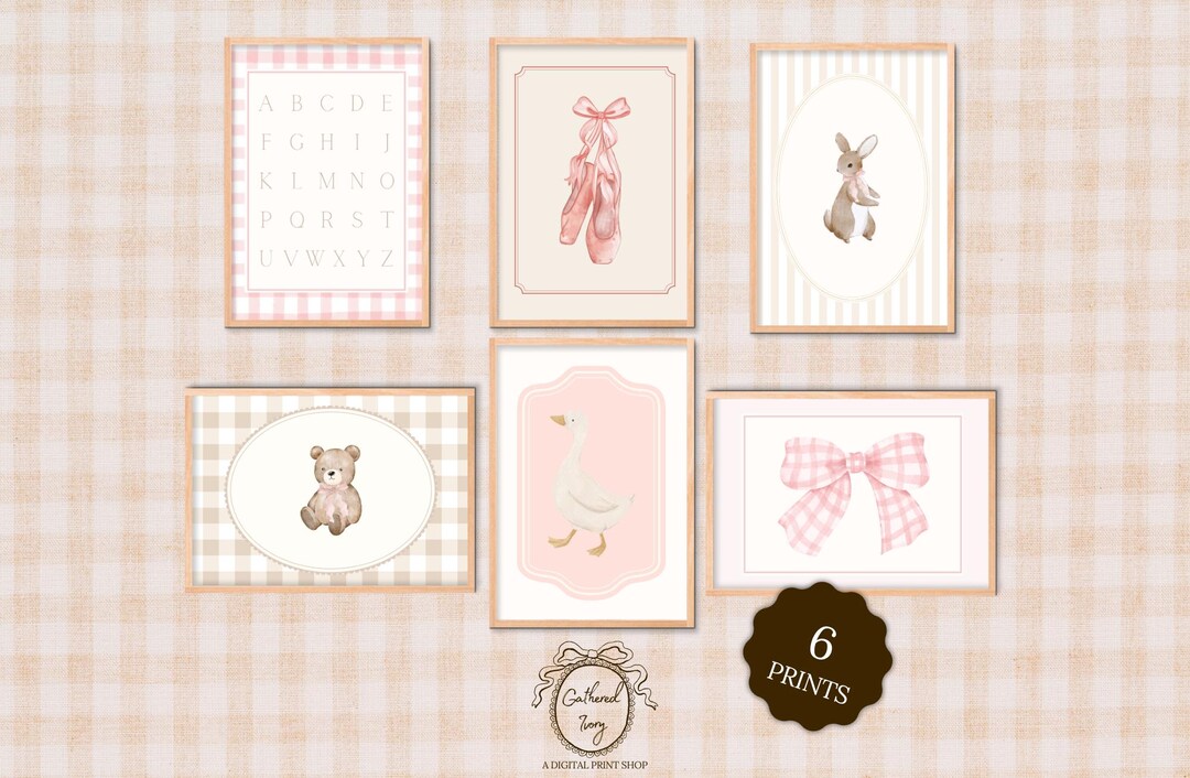 Vintage Nursery Art Prints | Baby Girl Pink Nursery Wall Art | Set of 6 ...