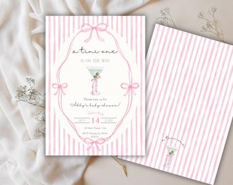 May include: Pink and white striped baby shower invitation with a martini glass illustration. The invitation reads "a tini one is on the way" and includes event details. A matching card is also visible.