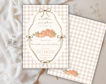 May include: A set of fall-themed birthday invitations. The design features a light beige gingham pattern and a central oval frame with pumpkins and text that reads "a little pumpkin is turning one". Includes a matching invitation.
