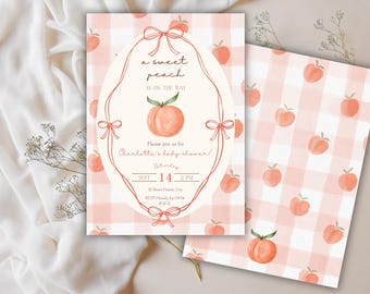 May include: Baby shower invitation with a peach theme. The invitation features a peach illustration and the text "a sweet peach is on the way." The background is a pink and white gingham pattern. A matching patterned card is also included.