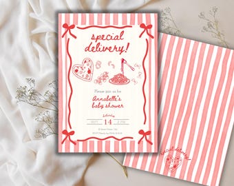 Invitación especial para baby shower / Invitación italiana para baby shower de género neutro / Invitación electrónica con pizza, pasta y comida italiana dibujada a mano