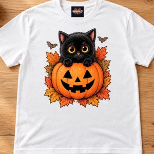 Op de afbeelding: Een wit t-shirt met korte mouwen en een afbeelding van een zwart kitten met grote gele ogen dat in een uitgesneden oranje pompoen zit. Het ontwerp is omringd door kleurrijke herfstbladeren en twee kleine vleermuizen, met een merklabel in de nek.