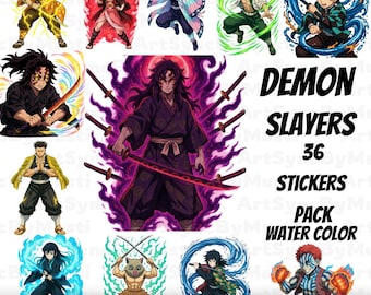 May include: A pack of 36 watercolor stickers featuring various characters from the anime series "Demon Slayer." The stickers showcase characters in dynamic poses with vibrant colors and special effects. The text "Demon Slayers" is also visible.