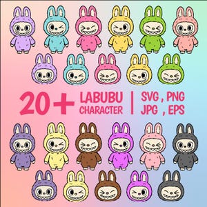 Labubu-clipartbundel met 22 tekens | Schattig kawaii konijnenkostuum PNG SVG JPG | Digitale download voor sublimatie, stickers en knutselen - La bubu