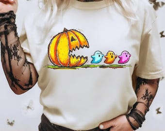 Retro Halloween Pumpkin Chasing Ghost PNG SVG, Spooky Digital Download