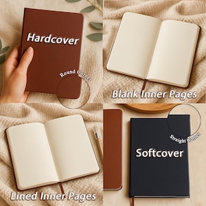Custom leather notebook options—hardcover with round corners (brown) and softcover with straight corners (navy); interior choices shown: blank inner pages and lined inner pages; cream paper with ribbon bookmark.