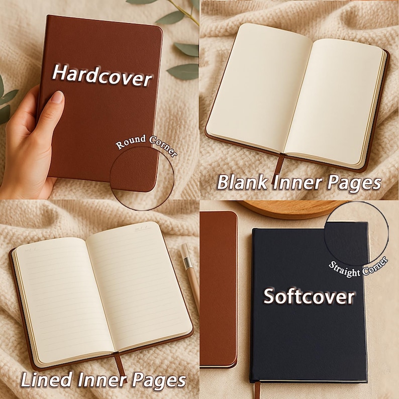Custom leather notebook options—hardcover with round corners (brown) and softcover with straight corners (navy); interior choices shown: blank inner pages and lined inner pages; cream paper with ribbon bookmark.