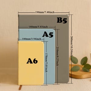 Size guide for personalized leather notebook—A6, A5 and B5 side-by-side with measurements: A6 100mm × 178mm (3.94" × 7.01"), A5 148mm × 210mm (5.83" × 8.27"), B5 190mm × 260mm (7.48" × 10.24"); pastel yellow, sky-blue and gray covers with rounded corners and ribbon bookmark in a warm desk scene.