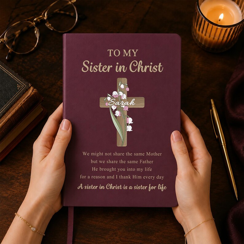 May include: A deep plum-colored journal featuring the gold-colored text TO MY Sister in Christ, a wooden cross graphic adorned with white lily of the valley flowers, the name Sarah, and a poem about sisterhood in Christ printed in gold.