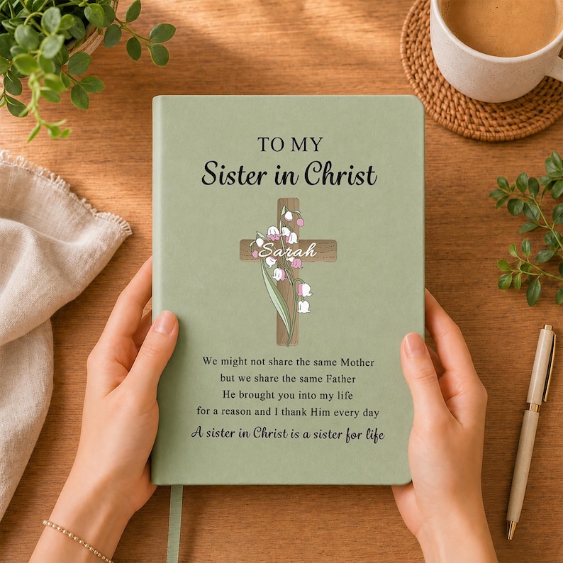 May include: A sage green journal featuring the text TO MY Sister in Christ, a wooden cross graphic with lily of the valley flowers, the name Sarah, and a poem that reads We might not share the same Mother but we share the same Father.