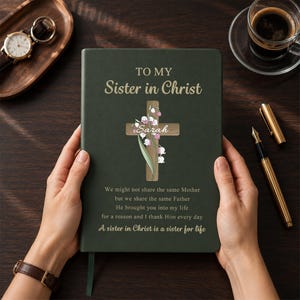 May include: A dark green journal featuring the gold text TO MY Sister in Christ, a wooden cross graphic with lily of the valley flowers, the name Sarah, and a poem about sisterhood. The cover has a smooth finish and gold lettering throughout.