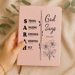 Personalisiertes christliches Namensjournal mit Bibelversen, kundenspezifisches Schriftgeschenk für Frauen, Gott sagt, dass Sie Bibel-Vers-Journal sind, religiöses Geschenk