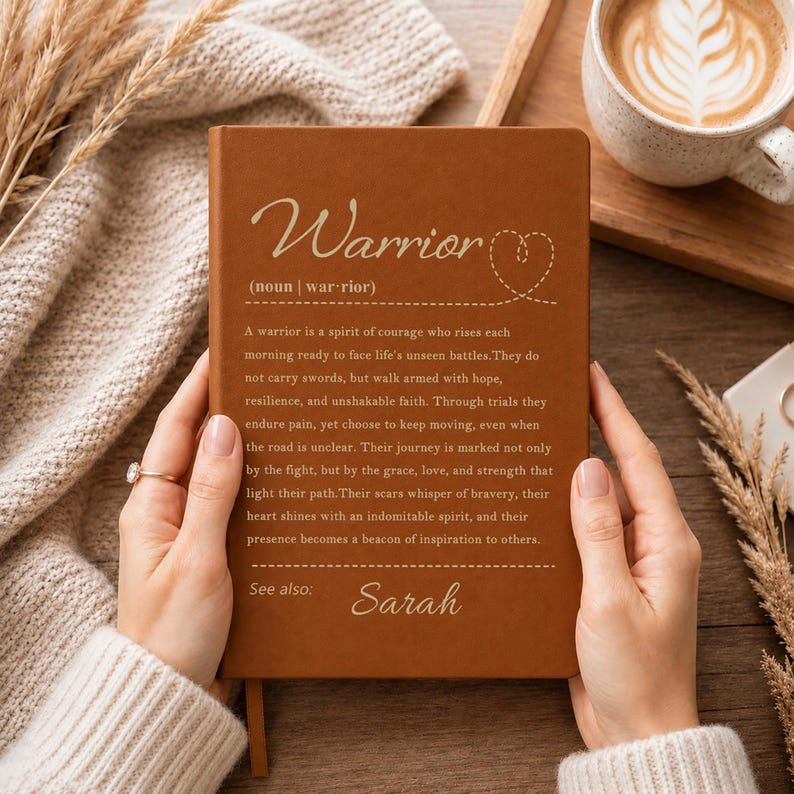 Peut inclure: Un carnet rectangulaire marron &agrave; la finition mate portant le mot Warrior en &eacute;criture cursive, un contour de c&oelig;ur en pointill&eacute;s et une d&eacute;finition de style dictionnaire imprim&eacute;e en blanc. Le texte inclut le pr&eacute;nom Sarah en bas.