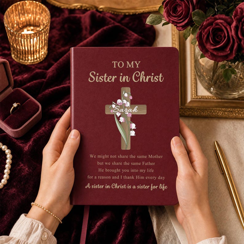 May include: A maroon journal with gold text reading TO MY Sister in Christ, featuring a wooden cross graphic with lily of the valley flowers and the name Sarah. The text below reads We might not share the same Mother but we share the same Father.