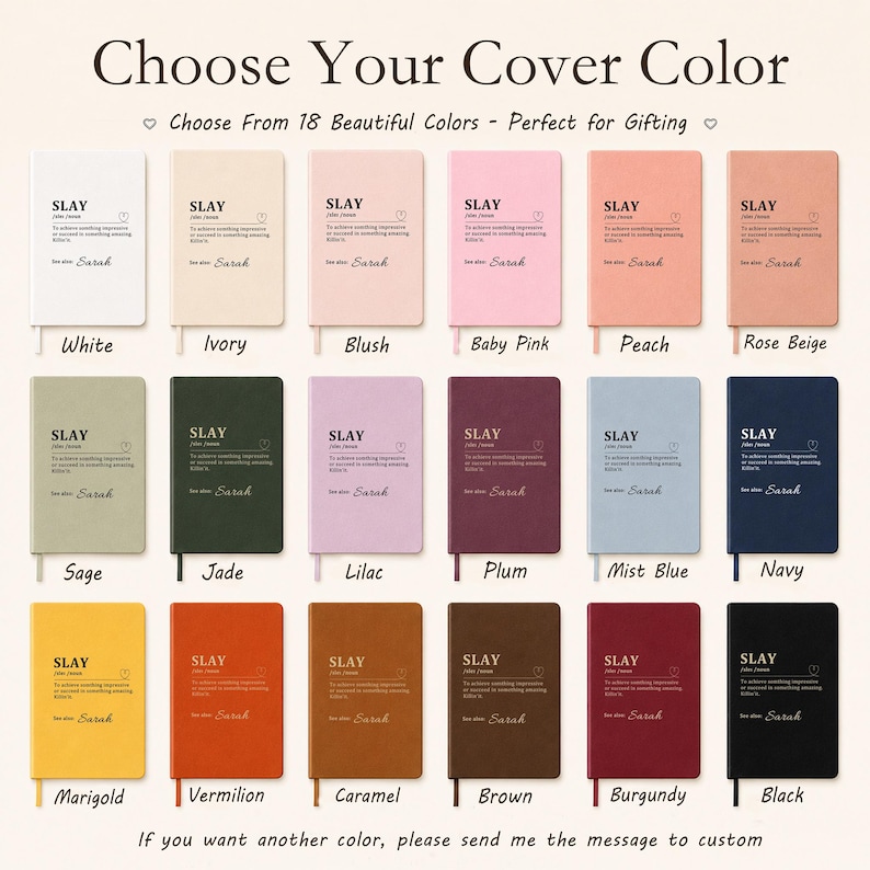 May include: A collection of 18 rectangular notebooks in various colors including white, ivory, blush, baby pink, peach, rose beige, sage, jade, lilac, plum, mist blue, navy, marigold, vermilion, caramel, brown, burgundy, and black with text.