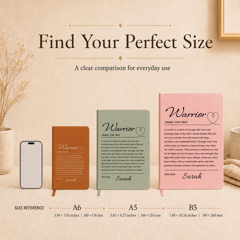 Peut inclure: Trois carnets en beige, vert sauge et rose, portant le texte 'Warrior' avec des d&eacute;finitions et le nom 'Sarah'. Les tailles A6 (100 x 178 mm), A5 (148 x 210 mm) et B5 (190 x 260 mm) sont pr&eacute;sent&eacute;es avec un smartphone pour l'&eacute;chelle.