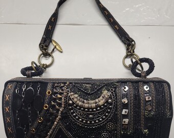 Mary Frances Unique Black Embellished Hard Case Barrel Bag Leather Top Handle