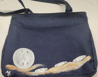Sea Bags Beach Medium Tote Navy Blue Painted Sand Dollars Signed Spring Frame