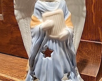 Vintage Angel Tea Light Candle Holder Harp Blue Dress Stars Gold Trim 7" Porcelain