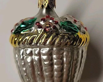 VINTAGE Columbia Mercury Glass Figural Christmas Ornament Yellow Flower Basket