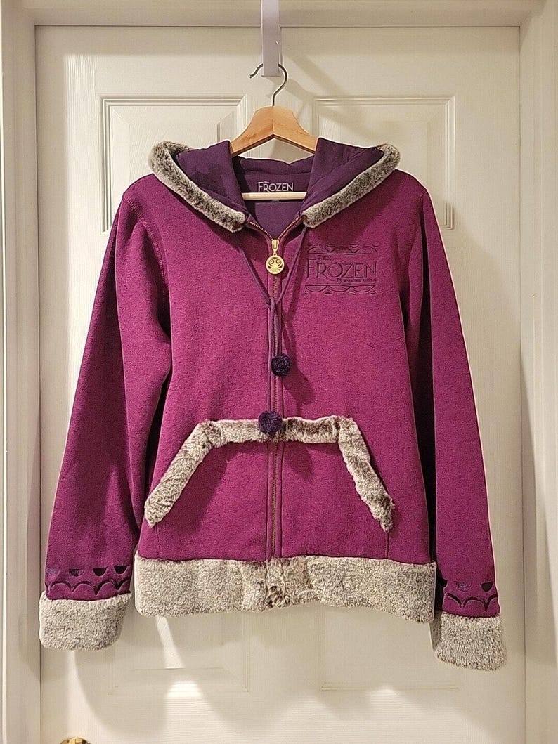 NEW Disney FROZEN Broadway Musical Anna Jacket Hoodie Fleece Fur Size L Purple image 1