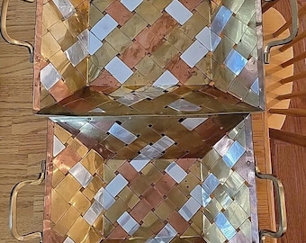1995 Vintage Brass, Copper, Silver Weave Basket Set INTERNATIONAL SILVER CO