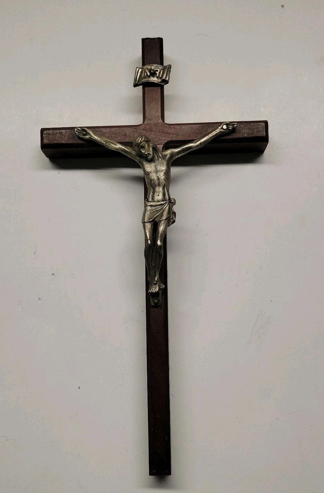 Jesus CRUCIFIX 10" Pewter on Dark Wood Christian Worship Prayer