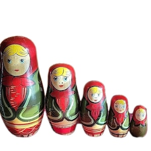 Zeldzame vintage set van 5 handgeschilderde houten Russische matroesjka-baboesjka-nestpoppen