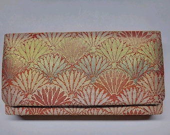Bolso de mano japonés estilo kimono obi vintage de 21,5 x 13 cm con diseño de abanicos dorados y naranjas