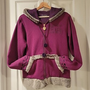 NEW Disney FROZEN Broadway Musical Anna Jacket Hoodie Fleece Fur Size L Purple image 2