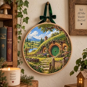 May include: A circular embroidery hoop containing a cross-stitch landscape of a round green door set into a grassy hill. The scene features a stone path, a wooden fence, and distant mountains under a blue sky. A dark green velvet ribbon hangs from the top.