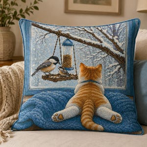 May include: A square decorative throw pillow featuring a woven tapestry design of an orange tabby cat lying on a blue blanket, looking out a window at two birds perched on a hanging bird feeder against a snowy, winter tree background.