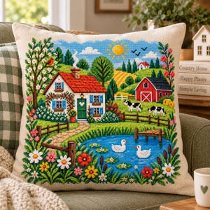 May include: A square throw pillow featuring a colourful cross-stitch design of a rural landscape. The scene includes a house with a red roof, a red barn, two cows, a pond with two white ducks, and vibrant flowers under a bright yellow sun.
