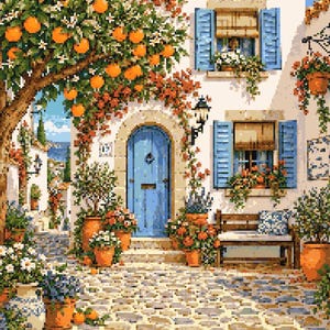 May include: A pixel art illustration of a Mediterranean courtyard featuring a blue arched door, white stucco walls, and bright blue window shutters. An orange tree hangs over the scene, with terracotta pots, flowers, and a wooden bench.