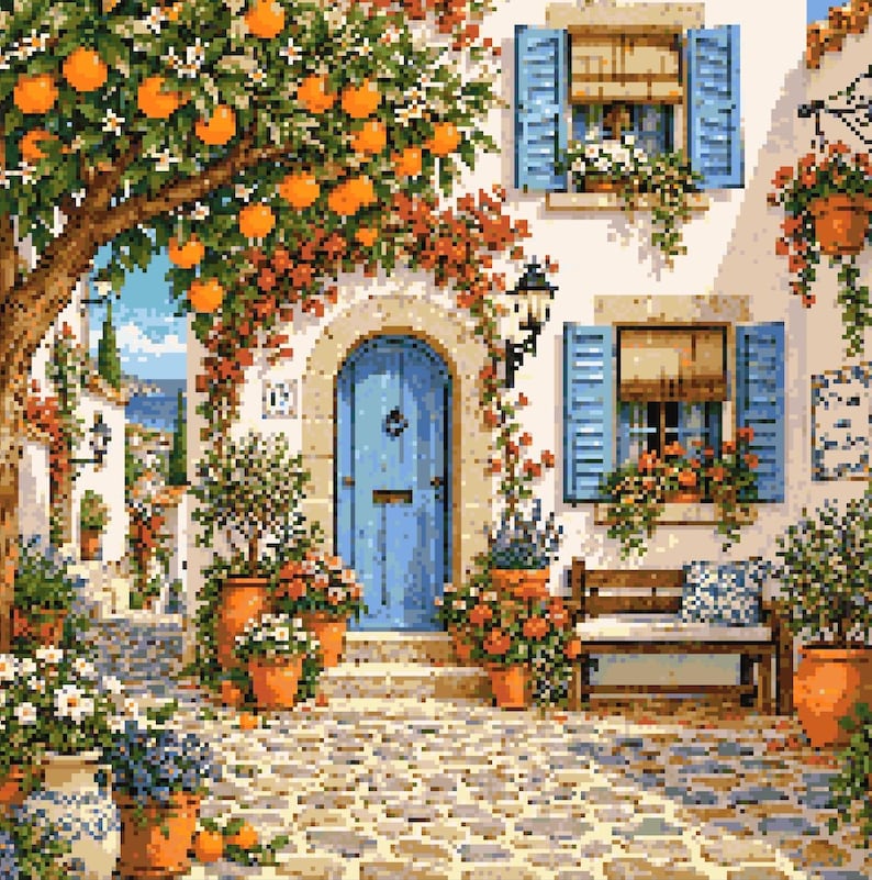 May include: A pixel art illustration of a Mediterranean courtyard featuring a blue arched door, white stucco walls, and bright blue window shutters. An orange tree hangs over the scene, with terracotta pots, flowers, and a wooden bench.