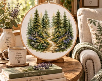May include: A circular wooden embroidery hoop containing a cross-stitch pattern of a forest path surrounded by pine trees and wildflowers. The scene features a winding trail leading into dense green woods with soft golden light filtering through.